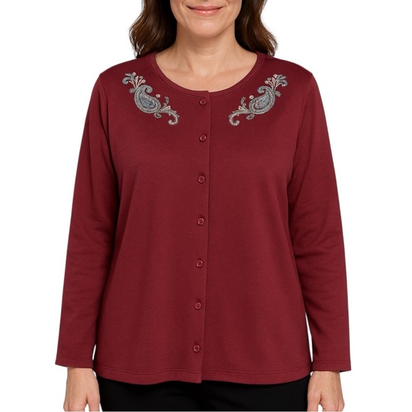 Vintage BonWorth Burgundy Embroidered Paisley Button Up Cardigan Large - Picture 1 of 12